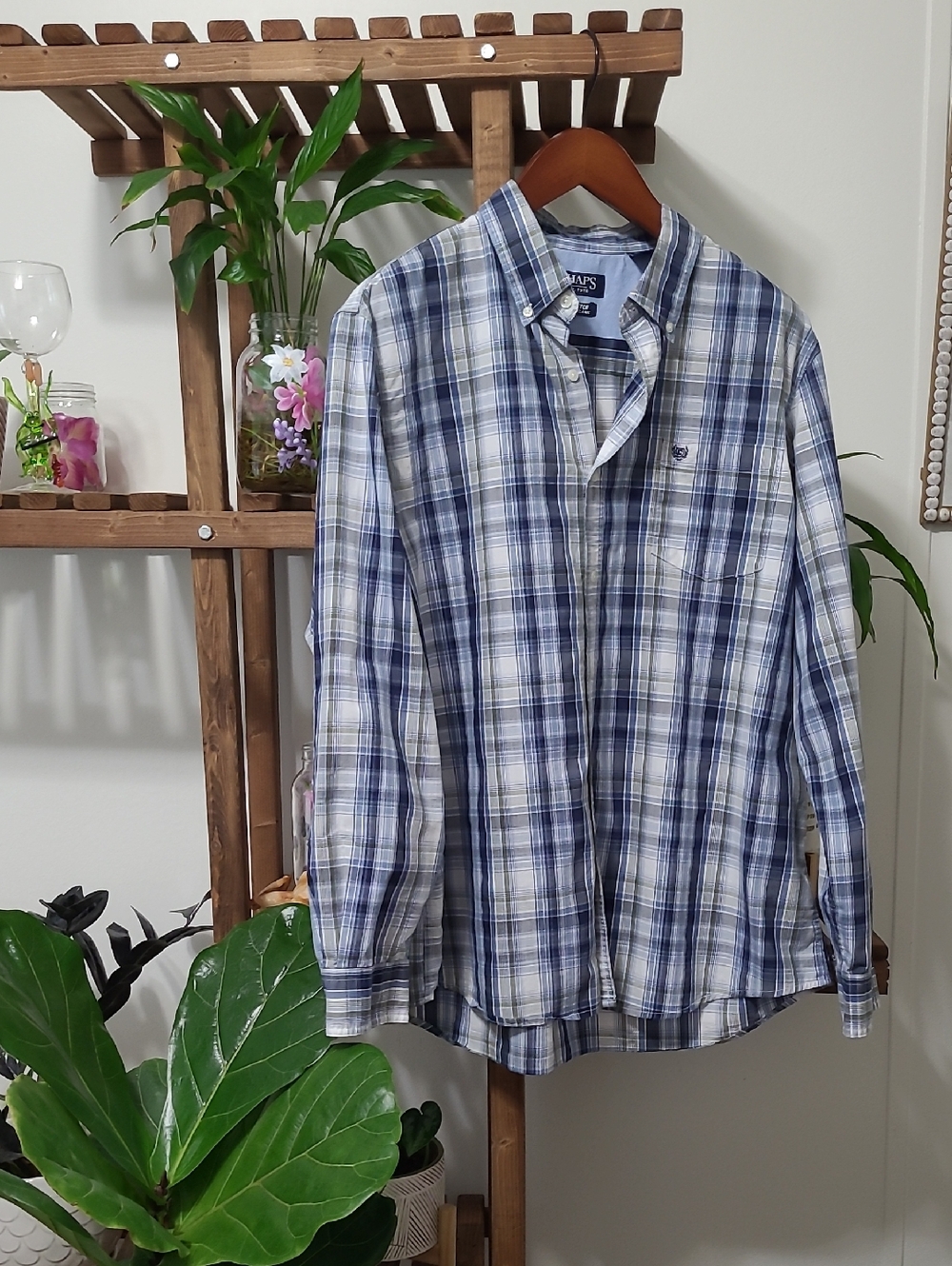 Men's Green and Blue Plaid Chaps Button Down
